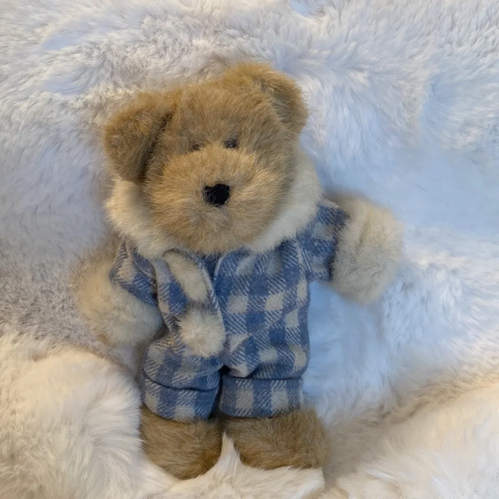 Boyds Bear Plush Jointed Lgt. Brown Fur Trim Hooded Checked Snowsuit #13644(CN)